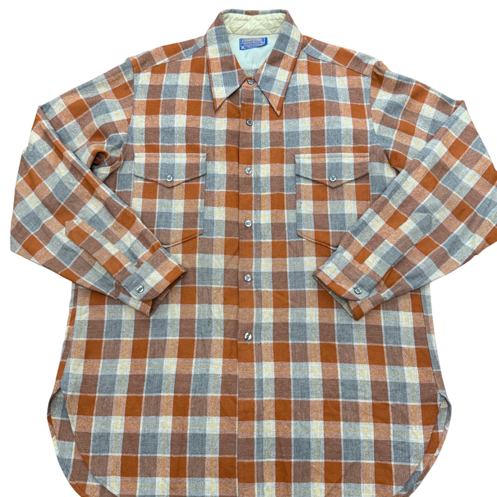 Pendleton Wool Flannel Shirt Mens 17 Orange Grey Plaid Vintage Usa Long Sleeve